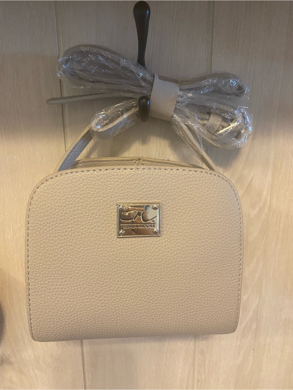 Textural Cream Crossbody Bag with Metal Logo Plaque